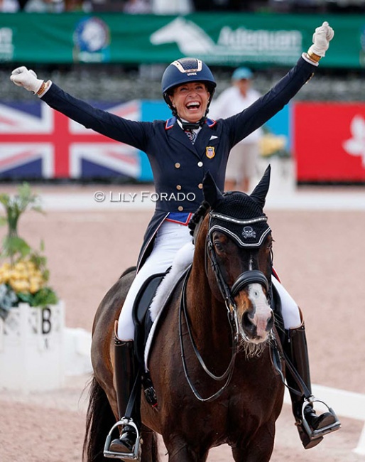 Charlotte Jorst celebrates a world cup victory at the 2022 CDI-W Wellington :: Photo © Lily Forado