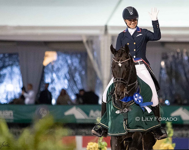 Adrienne Lyle and Salvino win the 4* Kur to music at the last CDI in Wellington of the 2022 winter season :: Photo © Lily Forado