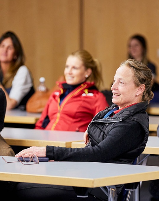 Defending champion Isabell Werth from Germany (right), and German star Jessica von Bredow-Werndl (background left) at the draw for the Short Grand Prix at the 2022 World Cup™ Final in Leipzig (GER). They will go head to head for the title :: Photo © Liz Gregg