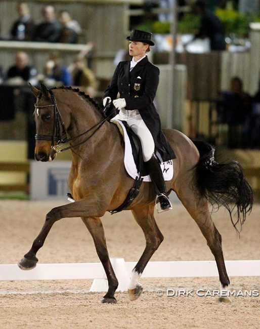 Isabell Werth and Satchmo in their signature half pass at the 2010 World Dressage Masters in Wellington :: Photo © Cealy Tetley for Dirk Caremans