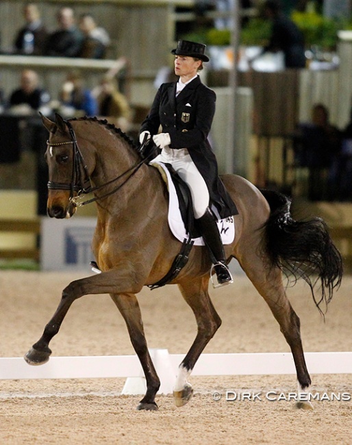 Isabell Werth and Satchmo in their signature half pass at the 2010 World Dressage Masters in Wellington :: Photo © Cealy Tetley for Dirk Caremans