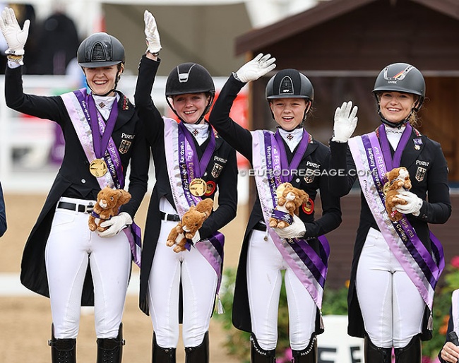 The German juniors win team gold at the 2022 European Junior Riders Championships in Hartpury :: Photo © Astrid Appels