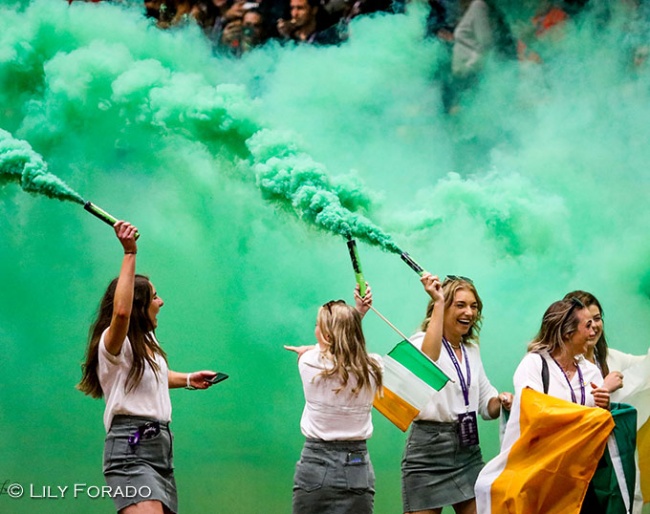Smoke at the opening ceremony for the 2022 European Junior and Young Riders Championships for dressage and eventing in Hartpury (GBR) :: Photo © Lily Forado