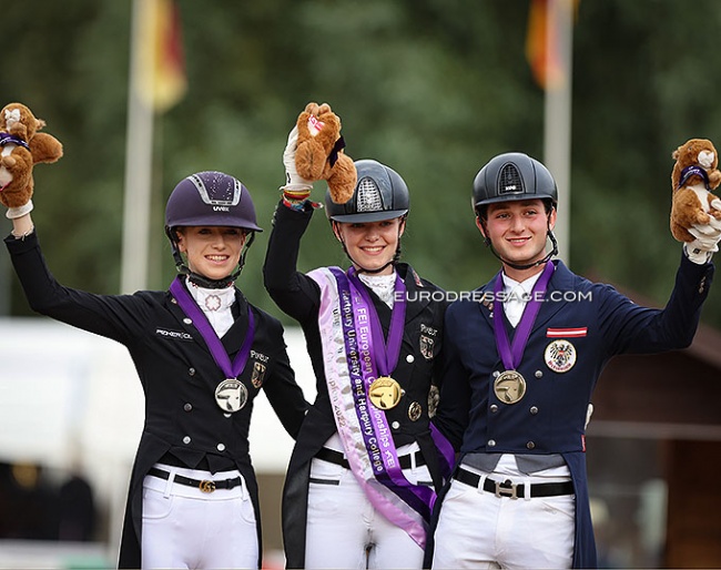 The Young Riders individual test podium with Baumgurtel, Schmitz-Morkramer and Jöbstl at the 2022 European YR CHampionships :: Photo © Astrid Appels