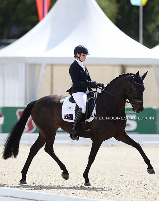 Maree Tomkinson on her home bred Friday (by Furstenball and out of her 2014 WEG team horse Diamantina) at the 2021 World Young Horse Championships :: Photo © Astrid Appels