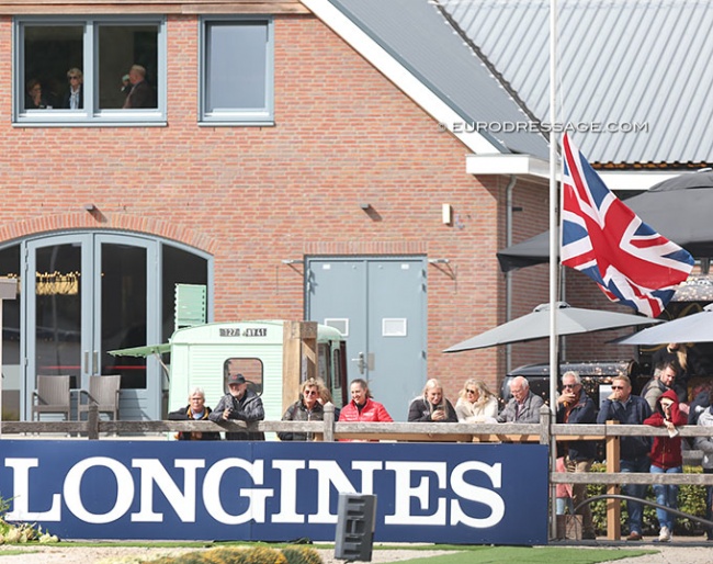The British flag was flown half-mast today at the 2022 World Young Horse Championships following the death of Queen Elizabeth II :: Photo © Astrid Appels