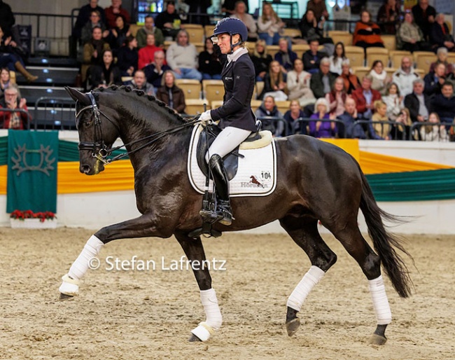 Helen Langehanenberg and Kwahu at the stallion show during the 2022 Trakehner Stallion Licensing :: Photo © Stefan Lafrentz