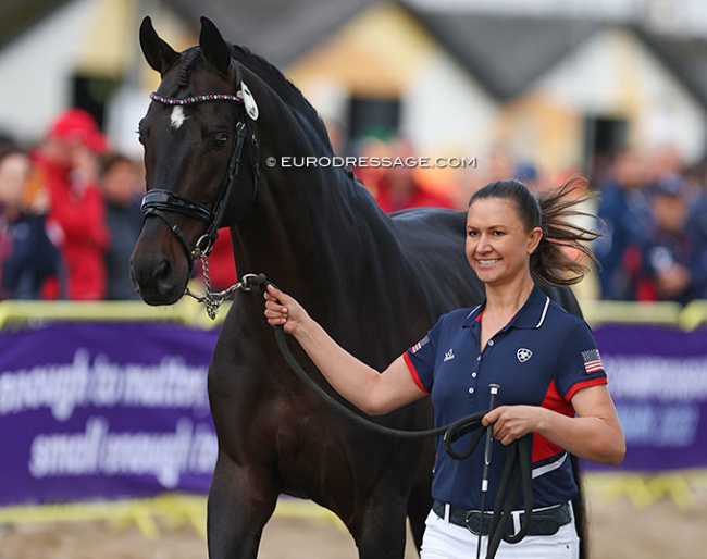 Adrienne Lyle and Salvino at the horse inspection for the 2022 World Championships in Herning :: Photo © Astrid Appels