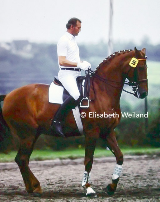 Warm-up in Aachen, anno 1978 ! Harry Boldt in a quiet piaffe on Woyzeck - without stirrups, saddle with a flat panel, no enormous knee rolls holding this Olympian balanced in the saddle :: Photo © Elisabeth Weiland