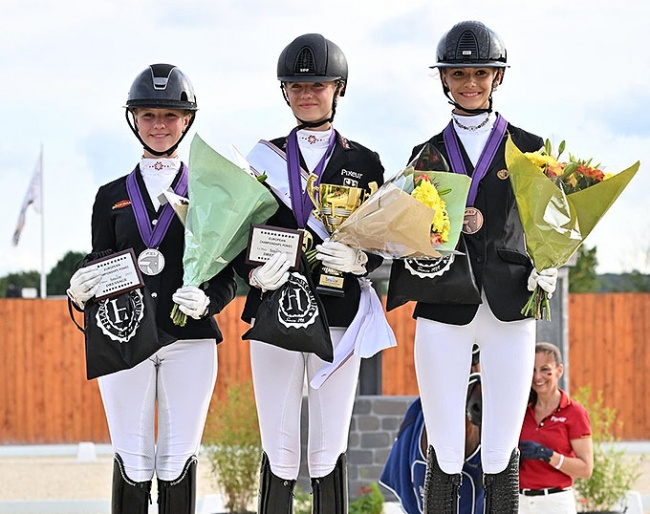 Julie Schmitz-Heinen, Lilly Marie Collin and Liezel Everars on the individual podium at the 2023 European Pony Championships :: Photo © Les Garennes