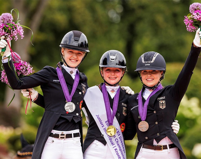 The individual podium at the 2023 European Junior Riders Championships: Allegra Schmitz-Morkramer, Rose Oatley, and Lana-Pinou Baumgürtel :: Photo © Stefan Lafrentz