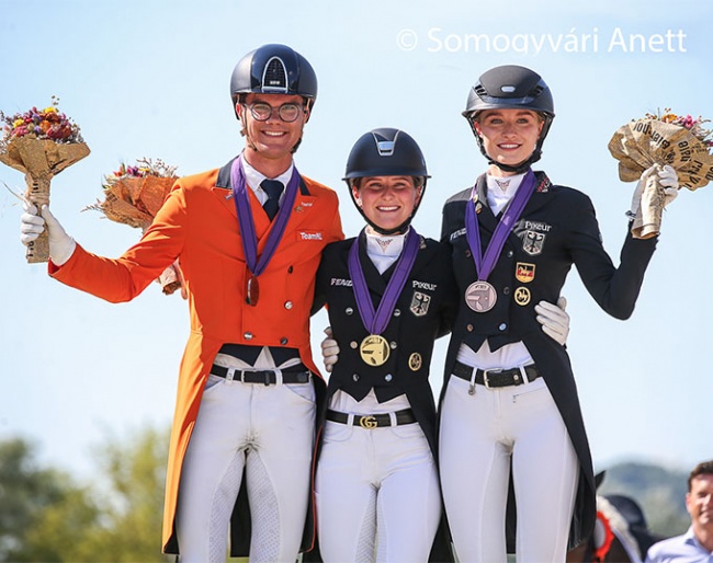 The individual podium at the 2023 European Under 25 Championships: Marten Luiten, Felicitas Hendricks, Helen Erbe :: Photo © Anett Somogyvari