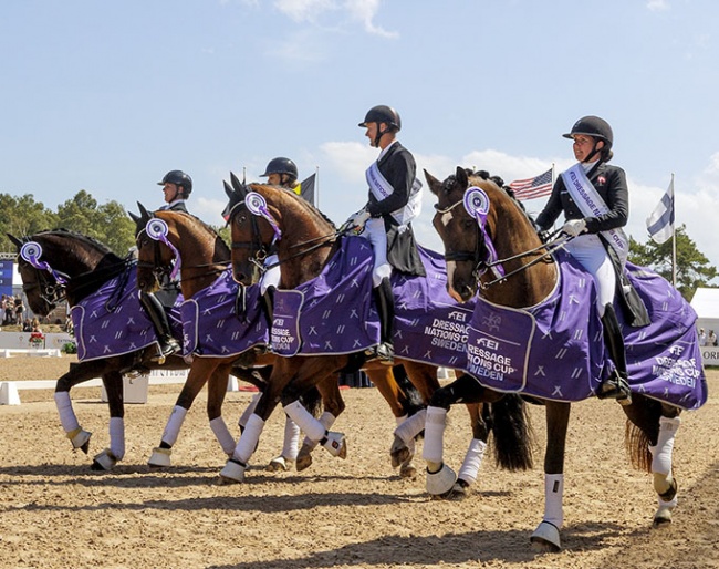 Team Denmark, winners of the FEI Dressage Nations Cup™ of Falsterbo (SWE)  - Anne Marie Hosbond riding Scarlett 712, Anna Zibrandtsen riding Quel Filou, Daniel Bachmann Andersen riding Zippo M.I., Nadja Aaboe Sloth riding Favour Gersdorf:: Photo © Leanjo de Koster