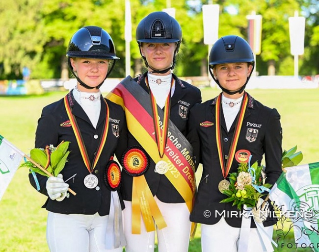 The pony podium at the 2023 German Youth Riders Championships: Julie Schmitz-Heinen, Lilly Collin, and Mia Lohe :: Photos © Mirka Nilkens 