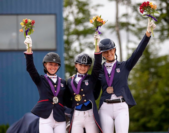 Sienna Rowe, Madison Sumner and Allison Berger on the junior Kur podium at the 2023 North American Youth Championships :: Photo © USA Dressage