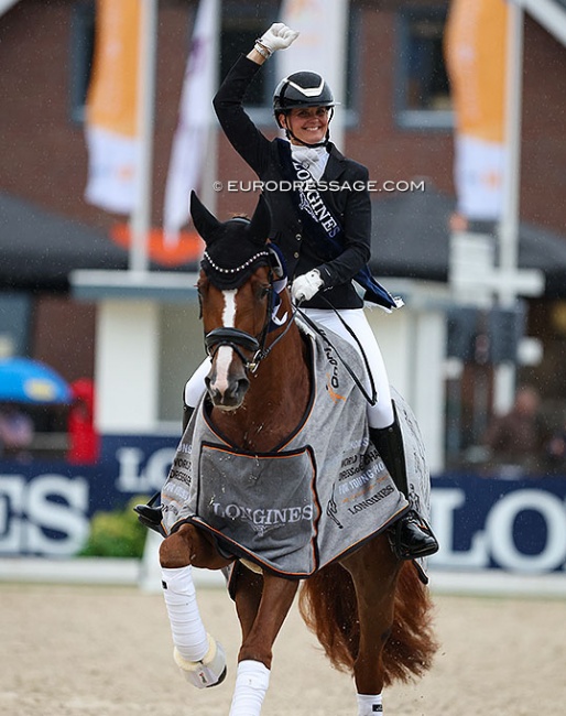 Betina Jaeger and Quinn G win the 5-year old finals test at the 2023 World Young Horse Championships :: Photo © Astrid Appels