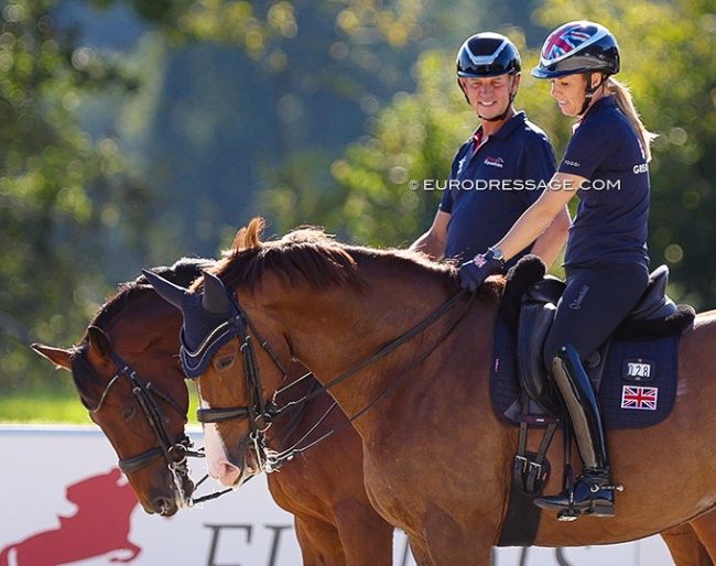 Carl Hester and Charlotte Dujardin in the warm up arena at the 2023 European Dressage Championships :: Photo © Astrid Appels