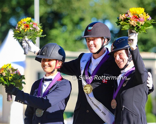 The Grade III individual podium at the 2023 European Para Dressage Championships: Chiara Zenati, Tobias Jorgensen, and Melanie Wienand :: Photos © Silke Rottermann