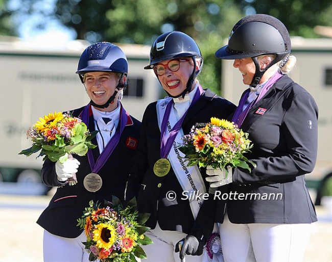 Wilson, Dresing, Lübbe on the Grade II individual podium at the 2023 European Para Dressage Championships :: Photos © Silke Rottermann