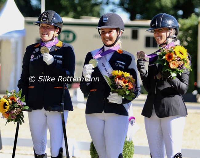 The individual Grade IV podium with Sanne Voets, Demi Haerkens and Manon Claeys at the 2023 European Para Dressage Championships :: Photos © Silke Rottermann