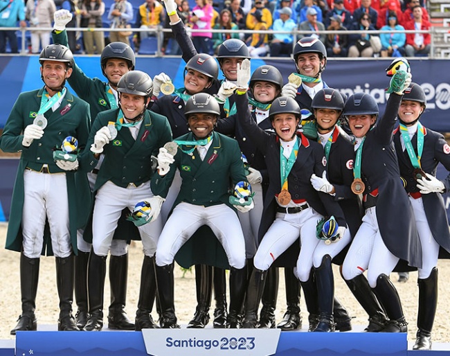 The team medal podium at the 2023 Pan American Games: Gold for USA, Silver for Brazil, Bronze for Canada :: Photo © FEI