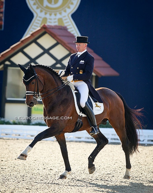 Three sons by Escolar (pictured under Hubertus Schmidt at the 2019 CDI Hagen) have been selected for the 2024 Oldenburg Stallion Licensing :: Photo © Astrid Appels