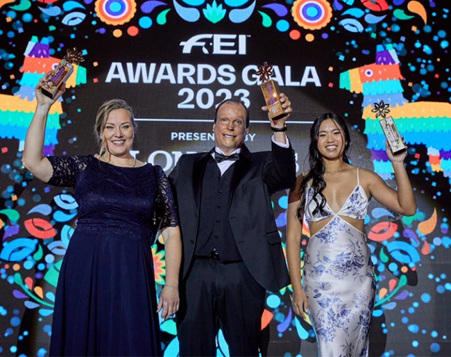 FEI Awards Gala in Mexico City (MEX): Emma Uusi-Simola (FIN) with the FEI Best Groom Award - Federico Fernández Senderos (MEX) with the FEI Inspire Award - Mimi Gochman (USA) with the FEI Rising Star Award. Von Bredow-Werndl did not to attend and joined via video :: Photo © FEI / Liz Gregg