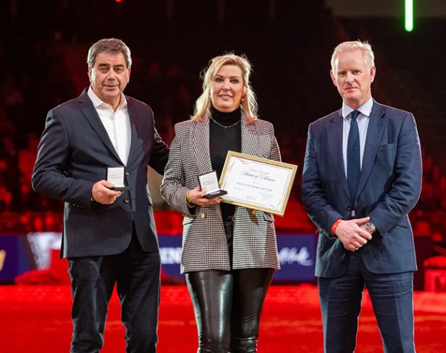 Gert-jan and Anne van Olst with British Equestrian CEO Jim Eyre at the medal ceremony at the 2023 CDI-W London