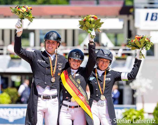 The GP Special podium at the 2024 German Dressage Championships: Wandres, von Bredow-Werndl and Klimke :: Photos © Stefan Lafrentz