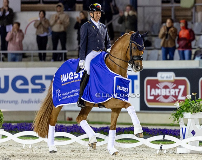 Julio Mendoza and Jewel's Goldstrike win the 4* Kur at the 2024 CDIO Aachen :: Photos © Lily Forado