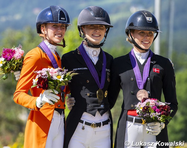 Tessa Kole, Lucie-Anouk Baumgurtel and Frederikke Gram Jacobson on the Kur Podium at the 2024 European Young Riders Championships :: Photos © Lukasz Kowalski