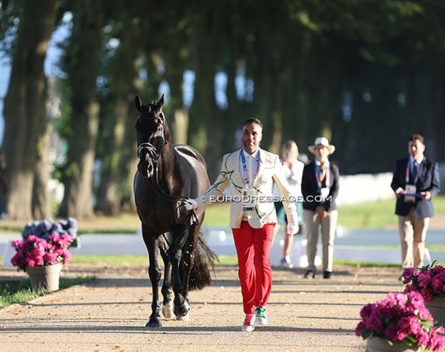 Moroccan Yessin Rahmouni and All at Once were the first  to trot up in the horse inspection at the 2024 Olympic Games in Paris :: Photo © Astrid Appels