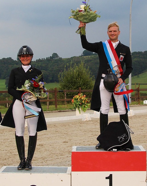 Fie Skarsoe and Nicolas Wagner on the senior podium at the 2024 Luxembourg Dressage Championships :: Photo © FLSE