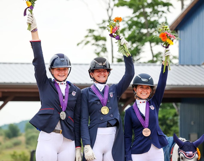 The Junior Kur Podium at the 2024 NAYC: Claire Tucker, Virginia Woodcock, Laila Edwards  :: Photo © US Equestrian