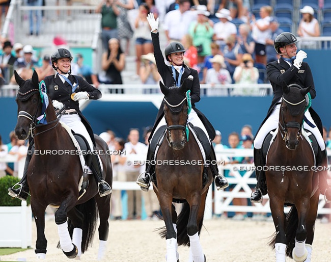 Team Germany with Von Bredow-Werndl, Werth, and Wandres win Gold at the 2024 Olympics :: Photo © Astrid Appels