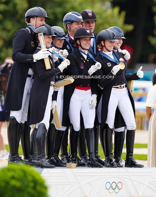 The team medal podium with Denmark, Germany and Great Britain at the 2024 Olympics :: Photo © Astrid Appels