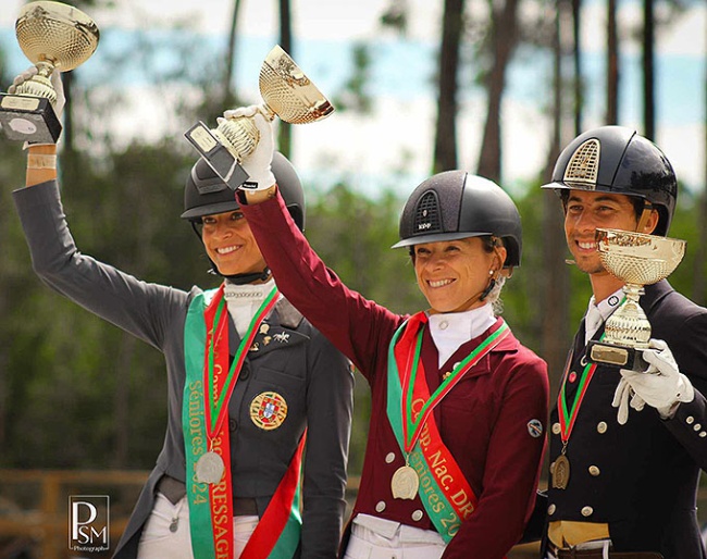 Rita Ralao Duarte, Maria Caetano and Joao Torrao on the podium at the 2024 Portuguese Dressage Championships :: Photo © PSM Photograph