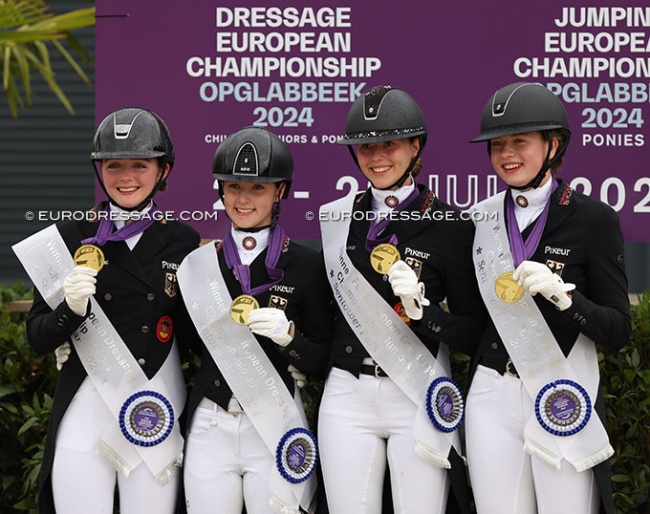 The gold medal winning German team at the 2024 European Junior Riders Championships in Opglabbeek: Oatley, Sohler, Pohl and von Borries :: Photo © Astrid Appels