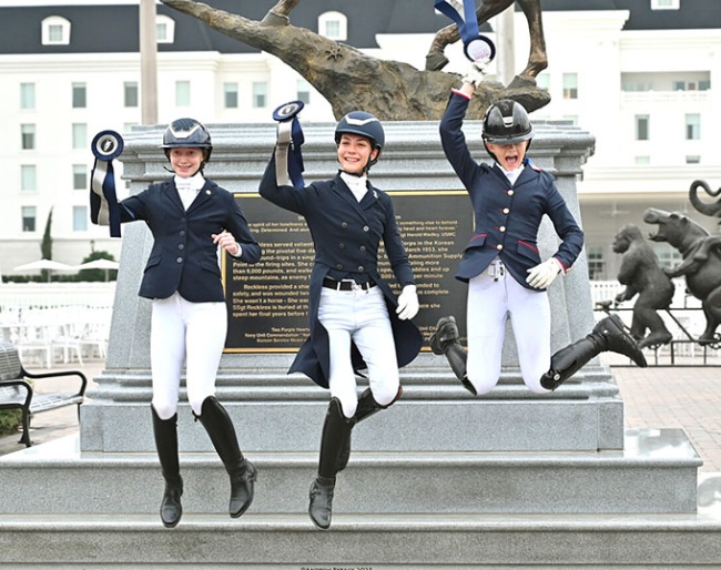 Lark Heckman, Cheyenne Duncan, and Gianna Foley were the three division champions at the 2025 Florida Youth Dressage Championships :: Photo by Andrew Ryback