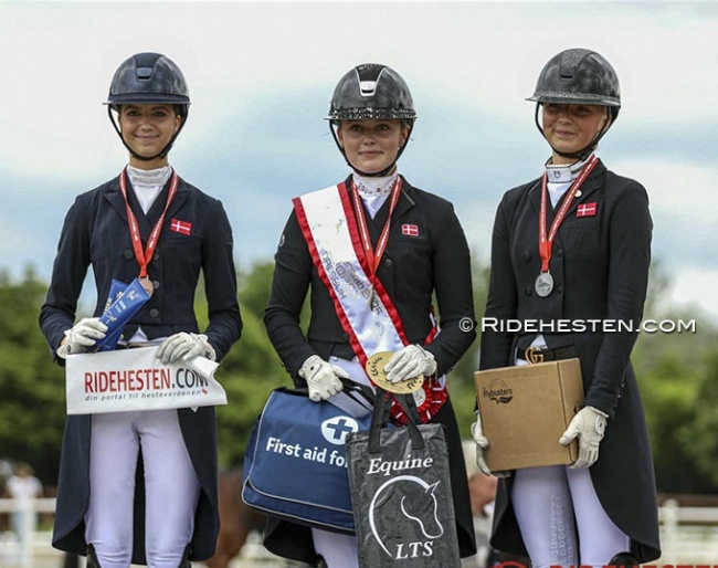 The junior podium with Qvist, Schoubye and Bøllingtoft as medallists at the 2025 Danish Junior/Young Riders Championships :: Photos © Ridehesten