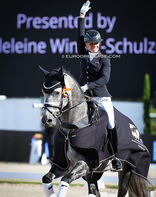 Mette Sejbjerg Jensen and Proud James win the 5-YO Finals at 2025 World Young Horse Championships :: Photo © Astrid Appels