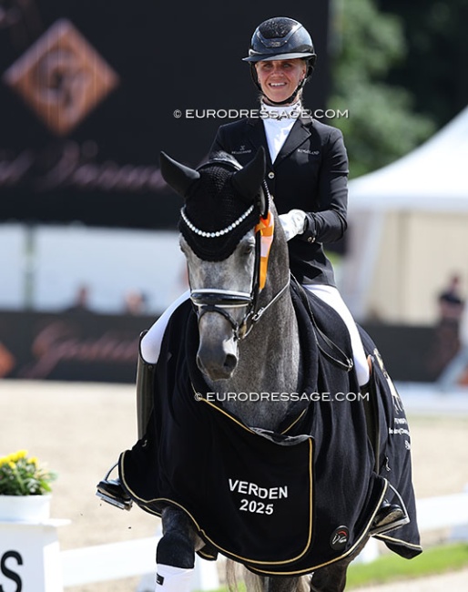 Mette Sejbjerg Jensen and Proud James win the 5-YO Preliminary Test at 2025 World Young Horse Championships :: Photo © Astrid Appels