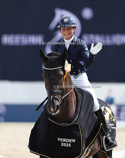Anne Troensegaard and Slangerupgaards Saffron won the 6-YO Preliminary Test at 2025 World Young Horse Championships :: Photo © Astrid Appels