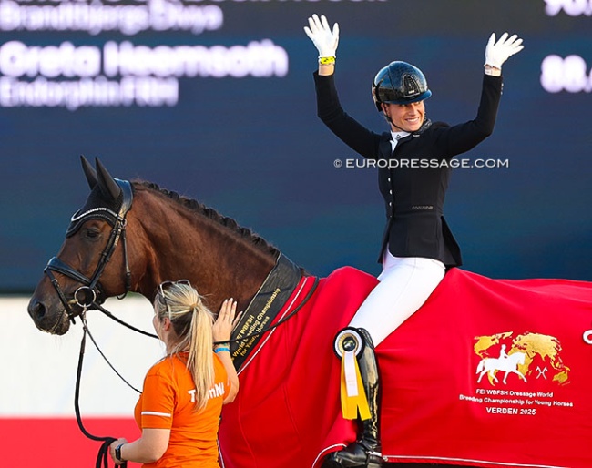 Dinja van Liere and Red Viper win the 6-year old division at the 2025 World Young Horse Championships :: Photo © Astrid Appels