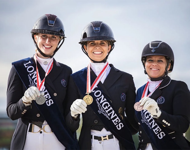 The Grand Prix podium with Rogerson, Neuhauser and Eggenberger at the 2025 Swiss Dressage Championships :: Photo © Saskia Melina for Swiss Equestrian