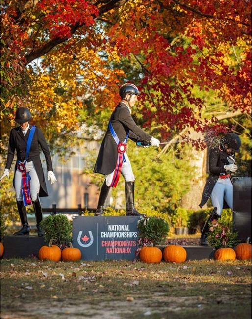 Jaimey Irwin leads the celebration on the FEI Medium Tour Open podium at the 2025 East Canada Dressage Championships :: Photo © Mousse Photographie