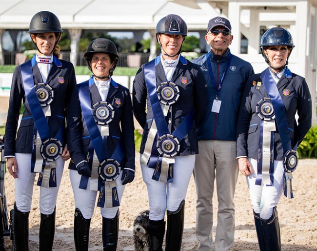 From L to R: Marie Vonderheyden, Hannah Kingsley, Kate Shoemaker, USA Para Dressage Chef d'Equipe Michel Assouline, and Cindy Screnci :: Photo © Devyn Ivy