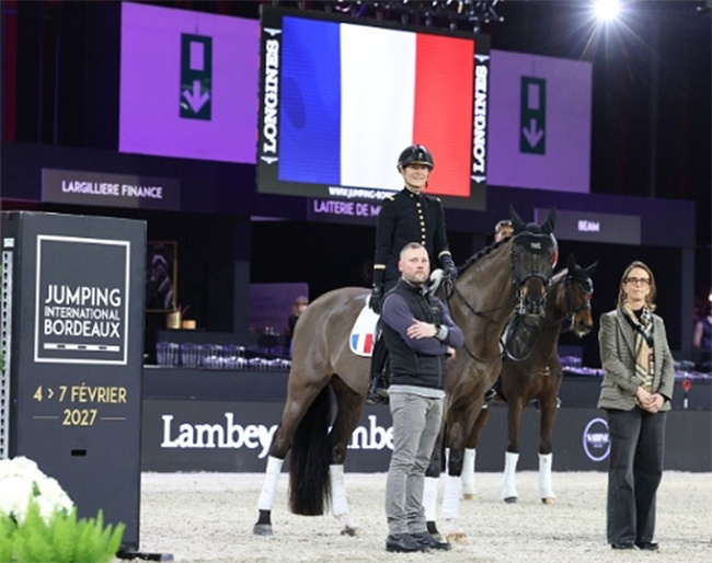 Groom Rodrigue Guyon, groom, IFCE director Florence Méa and Pauline Basquin on Sertorius de Rima Z at the 2026 CDI Bordeaux :: Photo © FFE/PSV