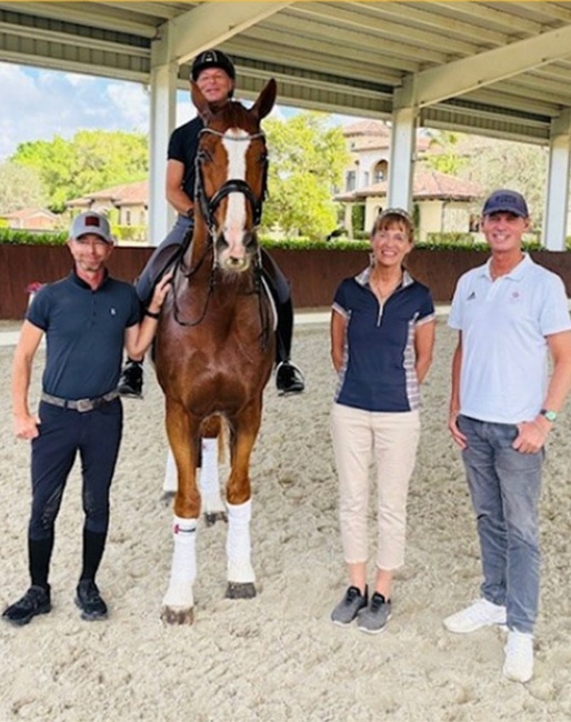 Nicholas Fyffe, David Marcus on Qosmo, horse owner Martha Stover, and Carl Hester