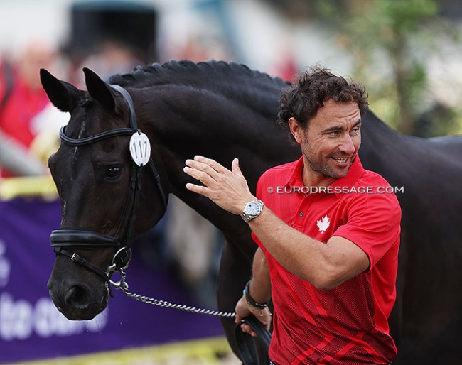Jordi Domingo trotting up his former Spanish team horse Statesman at the 2022 World Championships, owned and ridden by Naima Moreira Laliberte :: Photo © Astrid Appels